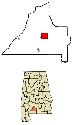 Location of Evergreen in Conecuh County, Alabama.