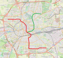 Le tracé de la « 2e ligne de VAL » (en vert) selon les études effectuées vers 1995.