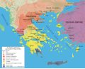 L'egemonia della Lega di Corinto: il Regno di Macedonia (362 a.C.) (rosso) e la Lega di Corinto (giallo).