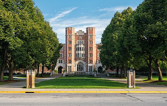 Cary Quadrangle at Purdue University in the summer of 2016 with Spitzer court in the foreground.