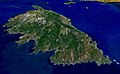 Synthetisch Satellitebild vun Corsica. Ém Fond d´Insel Elba un de toskanisch Küscht