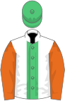 White, emerald green stripe, orange sleeves, emerald green cap