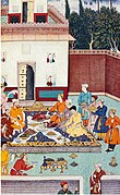 Banquete de los mirzas a Babur en 1507 c. 1590.