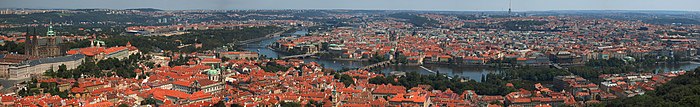 Panorama de la ville : vue sur les toits de la ville avec la rivière qui coule en son centre.