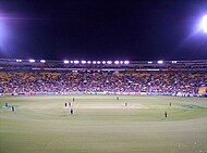 The stadium at night during an ODI match between New Zealand and England