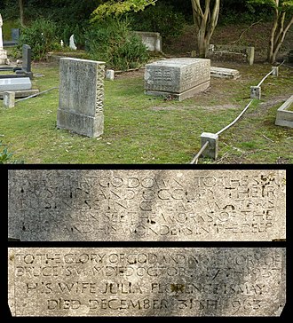 A fenced patch of grass in a cemetery with four headstones of different shapes