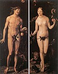 Kopia utförd av Dürers lärling Hans Baldung Grien 1507. Uffizierna (212 x 85 cm). Baldung målade Adam och Eva åter 1524 då han förhöll sig friare till Dürers original. Den tavlan är idag utställd på Konstmuseet, Budapest.