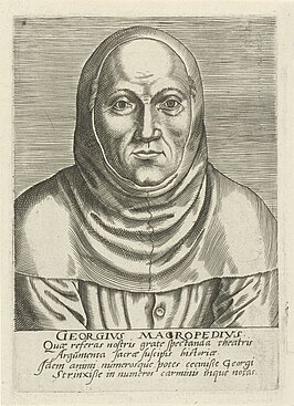 Portret van Macropedius door Philip Galle (1572), gedicht door Benito Arias Montano