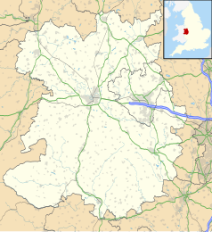 Mapa konturowa Shropshire, na dole nieco na lewo znajduje się punkt z opisem „Sibdon Carwood”