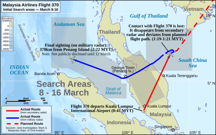 Map of southeast Asia with flight path and planned flight path of Flight 370 in the foreground. The search areas are depicted in transparent grey colour. Search areas include the South China Sea and Gulf of Thailand near the location where Flight 370 disappeared from secondary radar, a rectangular area over the Malay Peninsula, and a region that covers roughly half of the Strait of Malacca and Andaman Sea.