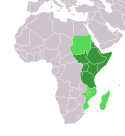 Mapa Afriky, zvýrazněny jsou státy východní Afriky