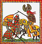 Цртеж из Codex Manesse који приказује витешке борбе на коњима са коњаницима који носе штитове.