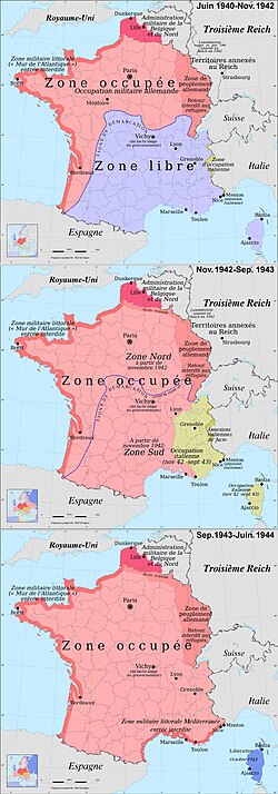 The zone occupée: German (red) and Italian (yellow) occupation zones of France, the zone libre, the zone interdite, the Military Administration in Belgium and Northern France, and annexed Alsace-Lorraine