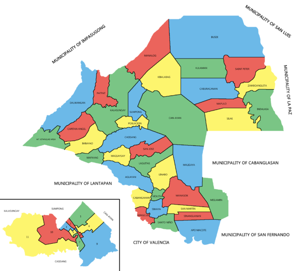 Pampulitika mapa ng Malaybalay City na nagpapakita ng 46 na mga barangay sa ilalim ng hurisdiksiyon nito. Poblacion district ay pinalaki sa ibaba kaliwa.