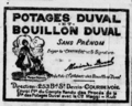 Réclame pour le potage et le bouillon Duval (1919) vendus en épicerie et fabriqués à Courbevoie : on notera la référence à Maggi Kub, entreprise avec laquelle Alexandre Duval fut en procès.