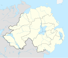 Mapa konturowa Irlandii Północnej, u góry nieco na lewo znajduje się punkt z opisem „Londonderry/Derry”