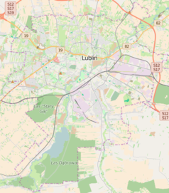 Mapa konturowa Lublina, blisko centrum na prawo u góry znajduje się punkt z opisem „Lublin Północny”