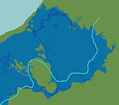 El lago Ladoga como parte del lago helado del Báltico (entre 11200 y 10500 años antes del presente). La línea azul claro marca el margen de la capa de hielo hacia el 13300 antes del presente.