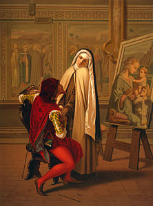 D'après Gabriele Castagnola, Amour ou Foi (1873), chromolithographie. Scène représentant la rencontre entre Filippo Lippi et Lucrezia Buti.