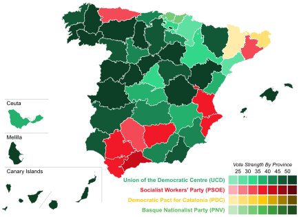 Map of Spain showcasing winning party's strength by constituency