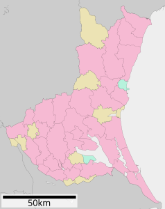 Mapa konturowa Ibaraki, po prawej znajduje się punkt z opisem „Hitachinaka”