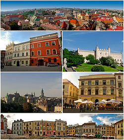 Top:Panorama of Old Town Lublin, include Crown Tribural, 2nd left:Facade buildings in Staego Street, 2nd right:Lublin Castle,　3rd left:View of Tynitarska Tower and Cracow Gate, and many of historical built from Miasto Square, 3rd right:Tentement house in Klonawica Street, Bottom:View of Plac po Farze area