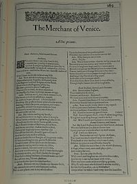 Faksimil av första sidan i The Merchant of Venice från First Folio, publicerad 1623