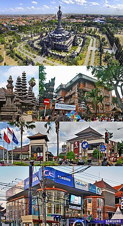 From top, left to right: Bajra Sandhi Monument, Bali Temple, Mayor's office building, Fast food outlets with traditional Balinese architecture, and Cellular superstore in city center.