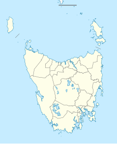 Mapa konturowa Tasmanii, na dole nieco na prawo znajduje się punkt z opisem „Gagebrook”