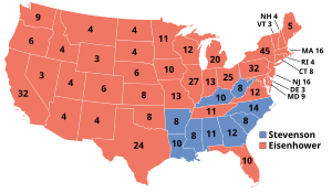 Kort over, hvem, der vandt hvilke delstater (blå=Stevenson, rød=Eisenhower)