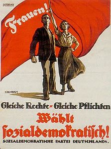 Cartell electoral de 1919, socialdemòcrates alemanys. «Frauen! Gleiche Rechte, Gleiche Pflichten» (Dones! Els mateixos drets, els mateixos deures)