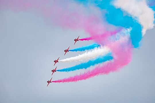 Red Arrows in formation flight at the Royal International Air Tattoo 2023.