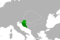 Image 76Medieval Croatia (dark green) south of Gvozd Mountain shown in relation to medieval Slavonia (green) spanning between Sava and Drava rivers. (from History of Croatia)