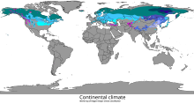 Distribució del clima continental "D" mapa mundial