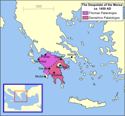 Kedespotan Morea tahun 1450, terbagi antara dua bersaudara Thomas dan Demetrios Palaiologos