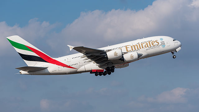 Emirates Airbus A380-861 at Munich Airport departing 08R.