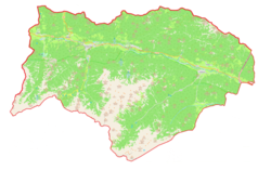 Mapa konturowa gminy Kranjska Gora, po lewej nieco u góry znajduje się punkt z opisem „Bloudkova velikanka”