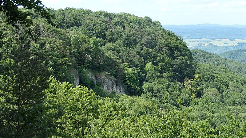 File:Blick vom Wolfstisch auf den Felsenbereich des Pferdelochs.jpg