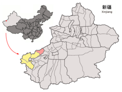 Location of the county (red) within Kizilsu Prefecture (yellow) and Xinjiang