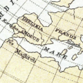 Detalle do mapa de Abu-reyhan Biruni. Reconstruído por Ernest Rhys no 1912, o mapa divide a península en dous espazos territoriais: Dzelikia e Andlus (Al-Andalus). Ano 1030.