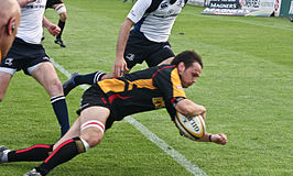 Een try van een speler van Newport Gwent Dragons tijdens een duel tegen Leinster Rugby in de Magners League in 2008