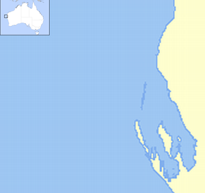 Map of the Shark Bay region of Western Australia. Two steel dots near the bottom left corner indicate the locations of the wrecks. A cyan dot marking the location of Carnarvon is included for reference.