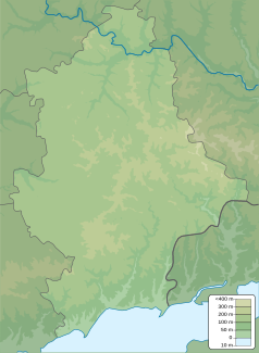 Mapa konturowa obwodu donieckiego, blisko centrum u góry znajduje się punkt z opisem „źródło”, natomiast u góry znajduje się punkt z opisem „ujście”