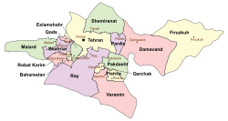 Location of Damavand County in Tehran province (right, pink)