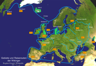 Territórios e rota das viagens dos viquingues.