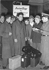 Panzer-Grenadier-Division Großdeutschland German volunteers arrive at train station, during WWII, to fight on the Russian Eastern Front in February 1944