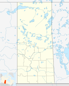 Mapa konturowa Saskatchewanu, na dole znajduje się punkt z opisem „miejsce zdarzenia”