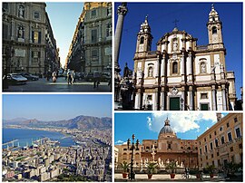 Clockwise frae top: Quattro Canti in Maqueda Street, San Domenico Church, Pretoria Square an Santa Caterina Kirk, an view o dountoun Palermo frae Munt Pellegrino