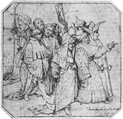 Hieronymus Bosch or after Hieronymus Bosch. Group of ten spectators label QS:Len,"Group of ten spectators" label QS:Lde,"Eine Gruppe von zehn Zuschauer" label QS:Lnl,"Groep van tien toeschouwers" . ink on paper medium QS:P186,Q127418;P186,Q11472,P518,Q861259 . 12.4 × 12.6 cm (4.8 × 4.9 in). New York, Pierpont Morgan Library.