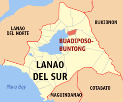 Mapa ng Lanao del Sur na nagpapakita sa lokasyon ng Buadiposo-Buntong.